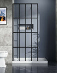34 x 72 panel shower door with black grid frame installed in a modern bathroom | Ace Decor