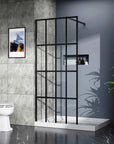 34 x 72 panel shower door with black grid design in a modern bathroom | Ace Decor