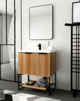 30" freestanding vanity in maple with sink and open shelf in modern bathroom setting.