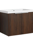 24" bathroom vanity walnut angled view with integrated sink and double-door cabinet | Ace Decor