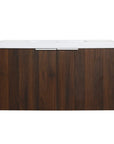 Monterey 36 inch bathroom floating vanity in walnut finish with resin sink and white metal handles.