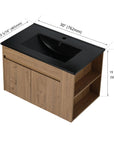 30" wall mounted vanity units with black ceramic sink and side open shelf detail view | Ace Decor