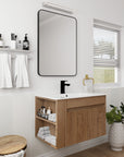 30" wall mounted vanity cabinet with open side shelving in modern bathroom setting | Ace Decor