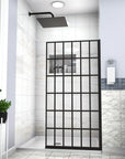 Bathroom interior with grid glass shower door 38 x 72 inch black frame, real installation view.