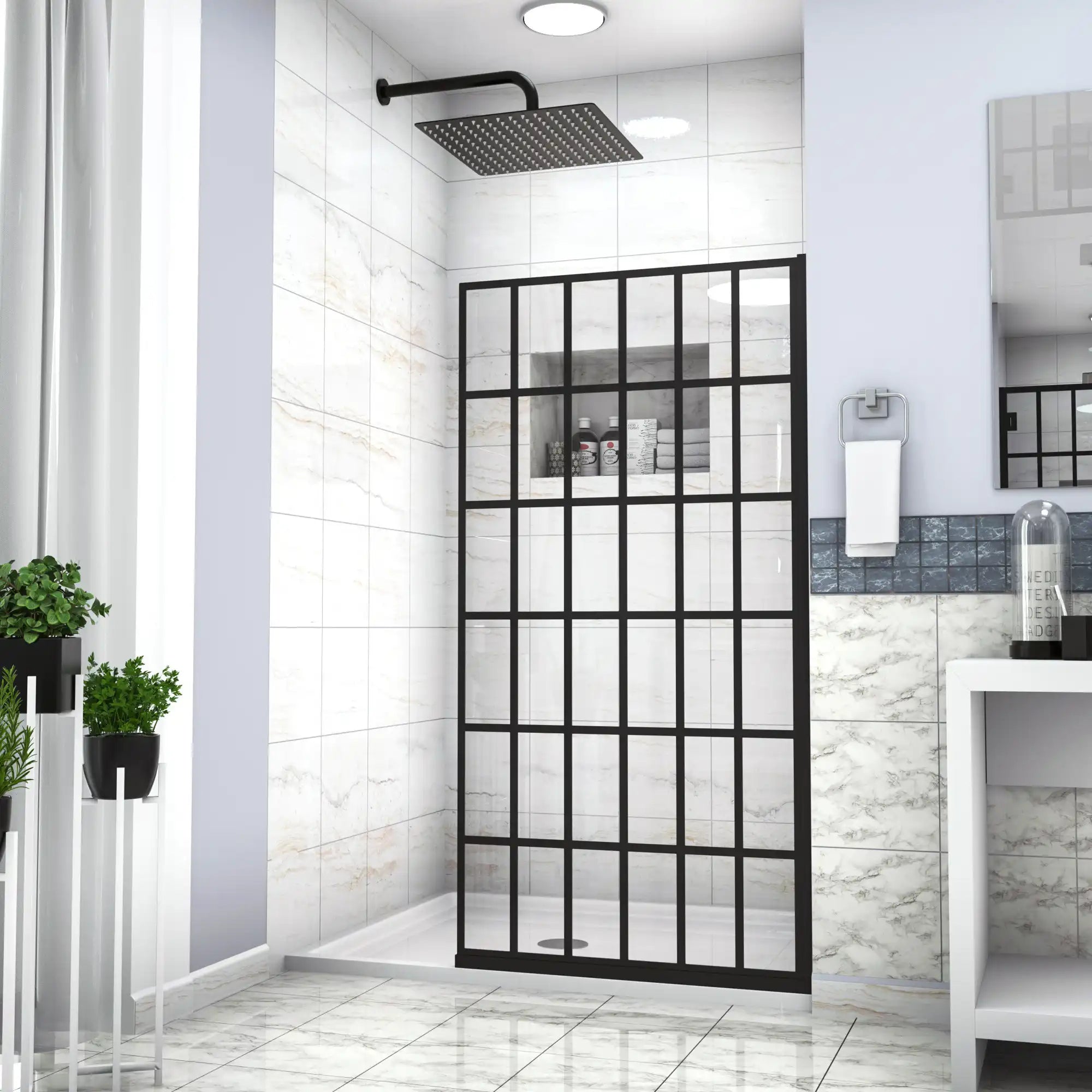 Bathroom interior with fixed shower door panel 34 x 72 inch black grid frame | Ace Decor