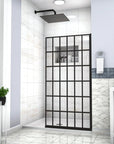 Bathroom interior with fixed shower door panel 34 x 72 inch black grid frame | Ace Decor