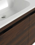 36" wall mounted single bathroom vanity with integrated resin sink and walnut cabinet detail | Ace Decor