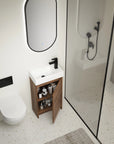 18" small bathroom vanity with sink with open storage displaying organized toiletries | Ace Decor