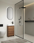 18" small bathroom vanity with sink styled in modern bathroom with shower and wall mirror | Ace Decor