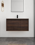 36" wall mounted single bathroom vanity with integrated sink in walnut, modern floating design | Ace Decor