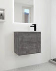 Modern bathroom setting with 22" floating bathroom vanity sink and integrated ceramic basin in grey oak | Ace Decor
