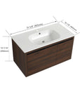 36" wall mounted single bathroom vanity with size dimensions and integrated resin sink | Ace Decor
