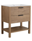 30" freestanding single bathroom vanity angled front view with open shelf | Ace Decor
