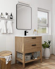 Freestanding single bathroom vanity 30" with white integrated sink and open shelf storage | Ace Decor