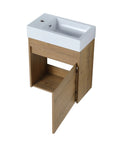 Open cabinet view of 18" wall mount bathroom sink vanity showing interior storage space | Ace Decor
