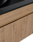 Close-up of 30" wall mounted vanity units with black ceramic sink and wood grain cabinet doors | Ace Decor