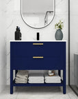 Single 30 inch bathroom vanity in navy blue with white sink styled in modern bathroom, 30" | Ace Decor