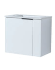 22 inch small white bathroom vanity with integrated ceramic sink angled view | Ace Decor