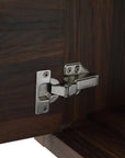 Soft-close hinge detail on 47" wall mounted bathroom vanity with sink in walnut | Ace Decor