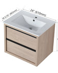 24" bathroom wall mount vanity with white integrated sink and light oak finish, front view with dimensions shown | Ace Decor