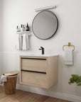 24" bathroom wall mount vanity styled with round mirror and black faucet in contemporary bathroom | Ace Decor