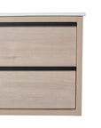 24" bathroom wall mount vanity drawer detail in light oak with black trim handles | Ace Decor