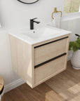 24" bathroom wall mount vanity with white integrated sink and light oak finish in modern bathroom setting | Ace Decor