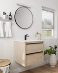 24" bathroom wall mount vanity in light oak with white sink, styled in modern bathroom interior | Ace Decor