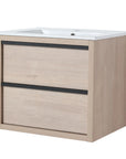 24" bathroom wall mount vanity side perspective with light oak cabinet and black accent lines | Ace Decor