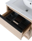 24" bathroom wall mount vanity drawer detail with built-in black storage compartments | Ace Decor
