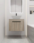 Full bathroom view featuring 24" small vessel sink vanity wall mounted design | Ace Decor
