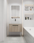 30" vessel sink vanity 30 inch installed in modern bathroom with floating design and round mirror | Ace Decor