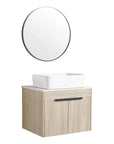 24" single vessel sink vanity with round mirror and oak cabinet | Ace Decor