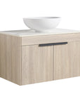 30" wall-mounted single vessel sink vanity with round white bowl and oak finish cabinet | Ace Decor