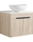 24" vessel sink vanity close-up with round ceramic basin and matte black handle | Ace Decor