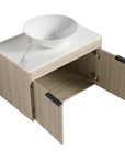 30 inch vessel sink vanity angled view showing open storage and tapered ceramic basin | Ace Decor