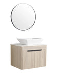Side angle of 24" small vessel sink vanity with round mirror above | Ace Decor