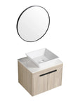Angled view of 24" small vessel sink vanity with round mirror above | Ace Decor