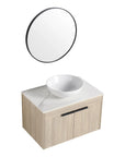 30" wall-mounted single vessel sink vanity with round white bowl and oak finish cabinet | Ace Decor