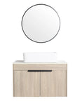 30" vessel sink vanity 30 inch front view with round mirror and wall-mounted oak cabinet | Ace Decor