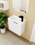 22 inch small white bathroom vanity with integrated ceramic sink top angle view | Ace Decor
