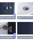 12.8" navy blue corner vanities for bathrooms featuring soft-close hinges and hardware details | Ace Decor