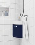 12.8" navy blue wall-mounted corner vanities for bathrooms installed in tiled bathroom setting | Ace Decor