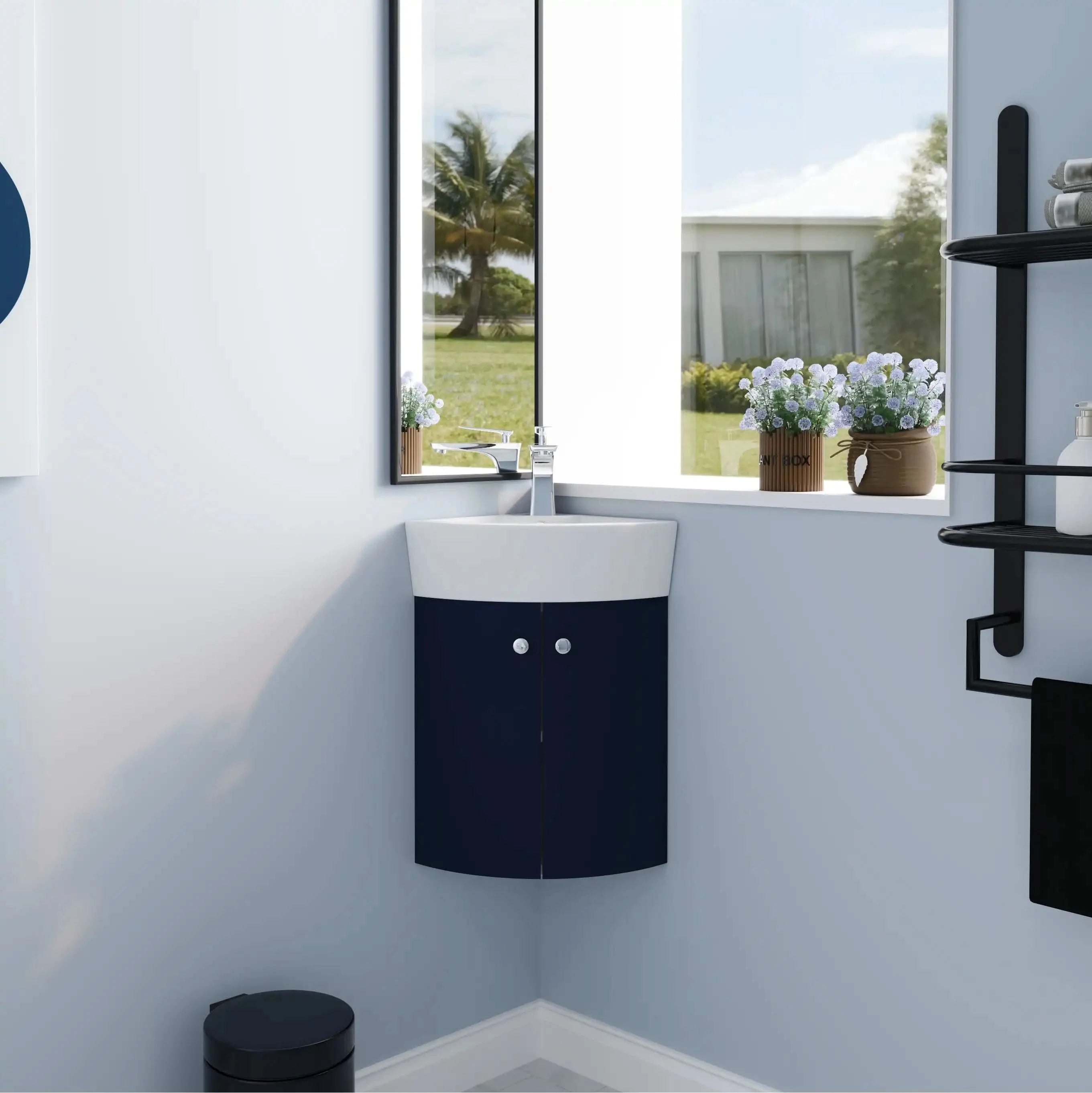 HomSof 13 inch Corner Bathroom Vanity Sink Combo for Small Space Wall Mounted Cabinet Set Ceramic Sink Navy Blue
