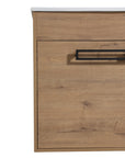 30" freestanding single bathroom vanity with sink front view highlighting wood grain cabinet and modern black handle | Ace Decor