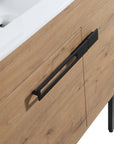 30" freestanding single bathroom vanity with sink detail showing black metal handle and integrated white sink | Ace Decor