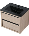 24" wall mounted bathroom vanity with black ceramic sink and light oak finish, angled top view | Ace Decor