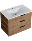 30" oak bathroom vanity with integrated white sink and side shelves, front angle view | Ace Decor