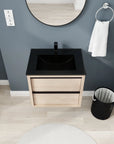 24" wall mounted bathroom vanity front top view with integrated black sink and light oak cabinet | Ace Decor