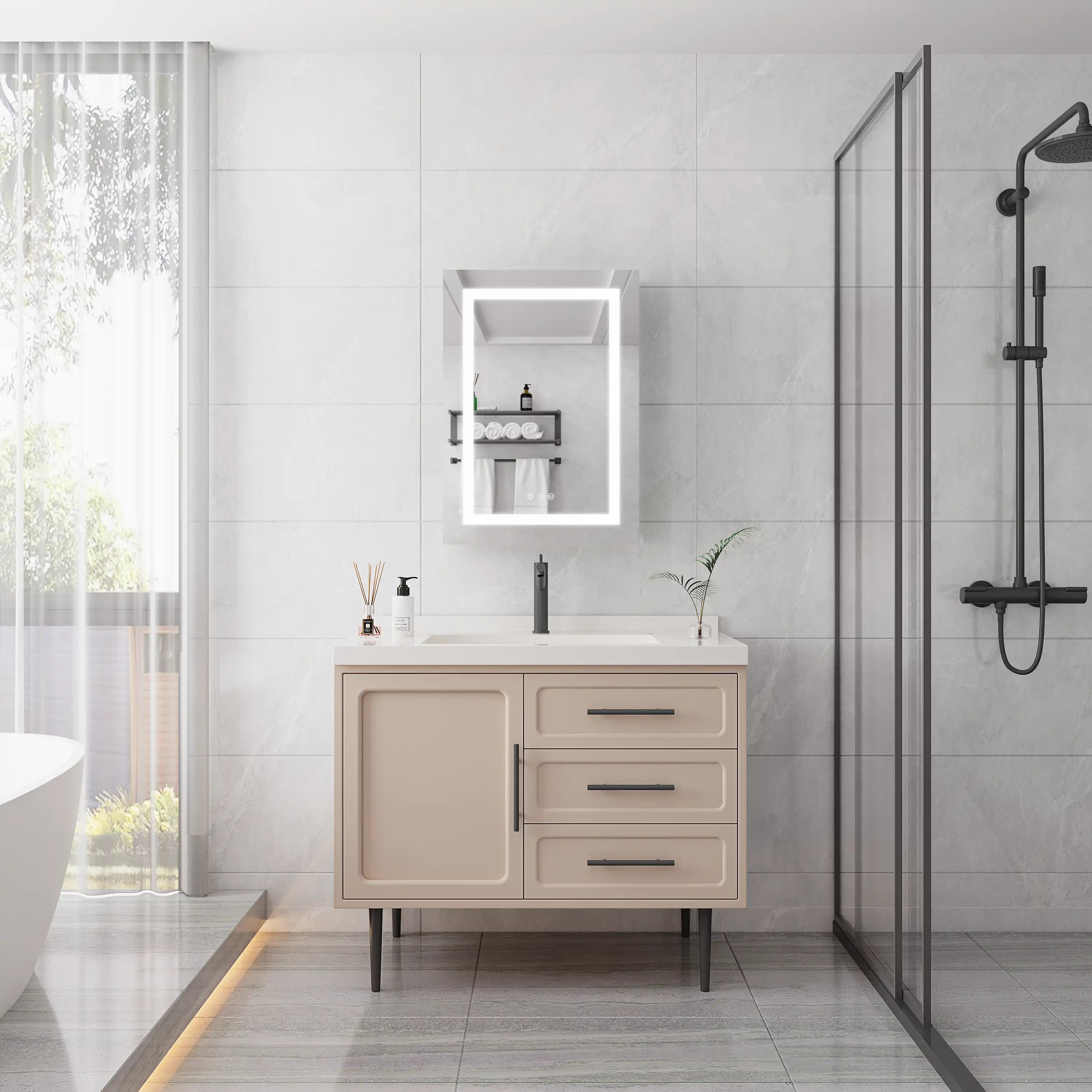 Orren 20 x 28 inch smart LED medicine cabinet installed in modern minimalist bathroom above vanity with illuminated mirror.
